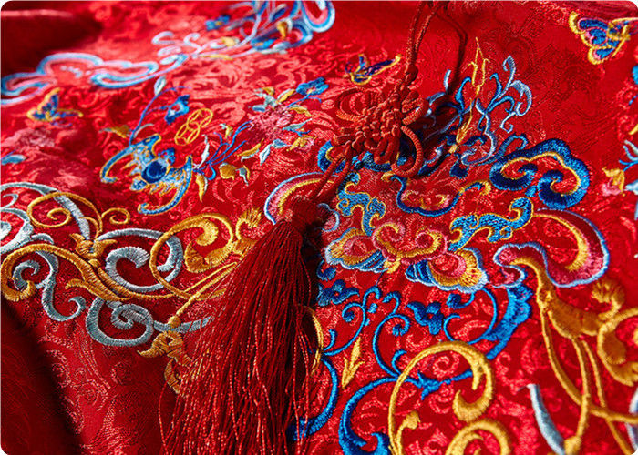 High End Embroidered Fabrics , Red Chinese Wedding Dress Fabric